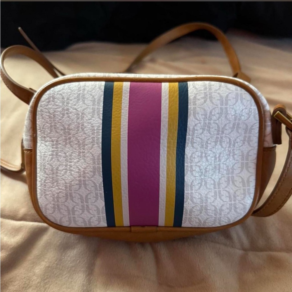 Fossil White Crossbody with Pink, Navy and Tan Stripes